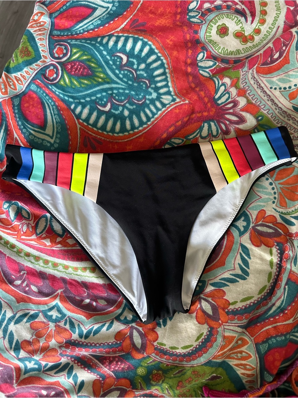 PINK Victoria's Secret Black Bikini Bottom with Neon Striped Waistband